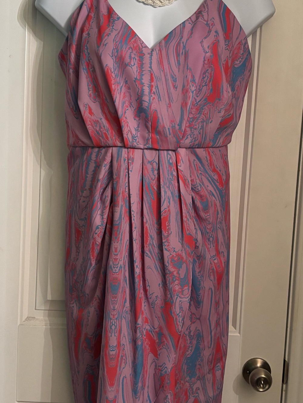 Chelsea28 Pink Marble-Print V-Neck Midi Dress with Blue & Red Swirls